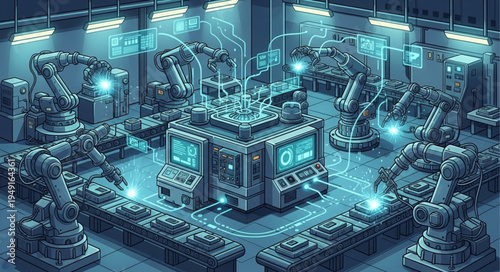 Advanced robotic assembly line in a futuristic factory setting.