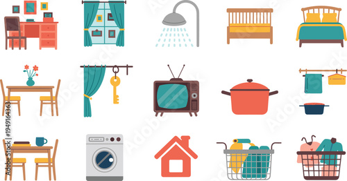 Household furniture and appliances collection, home interior items kitchen bedroom laundry objects vector illustration set of domestic lifestyle icons
