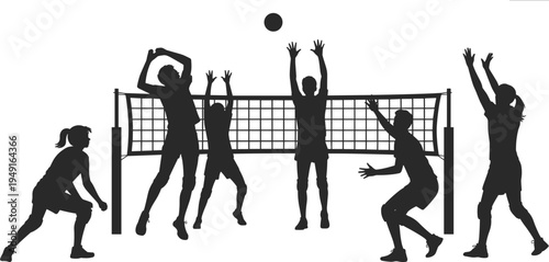 Dynamic silhouettes of volleyball players in action during a competitive match with a net and ball