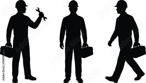 Construction worker silhouette set with maintenance technician holding wrench, professional builder carrying toolbox, and industrial repair contractor walking in safety gear