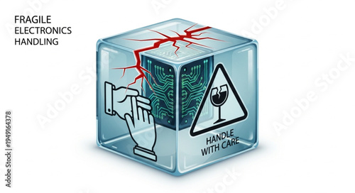 Fragile electronics handling symbol on cracked transparent box.