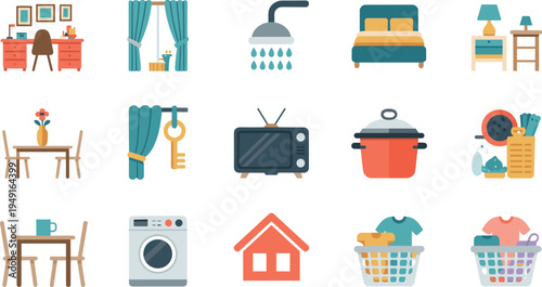 Household items and home appliances icons set, furniture kitchen laundry bedroom bathroom objects flat vector domestic lifestyle illustration