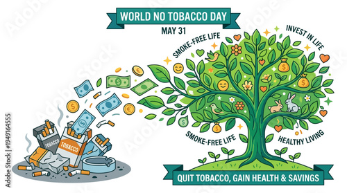 Savings for Life: Flat Illustration of Money Transforming into Green Leaves from Quitting.