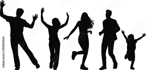 Energetic silhouettes of people of different ages dancing and expressing excitement with raised arms