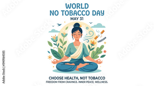 Inner Peace: Flat Illustration of a Person Meditating, Free from Tobacco Cravings.