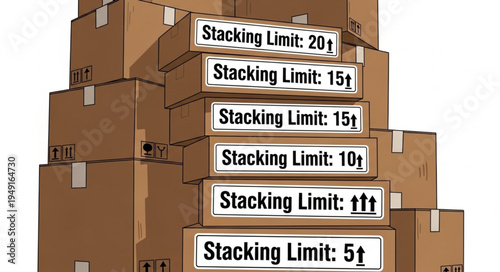 Tall Stack of Cardboard Boxes with Stacking Limit Labels.