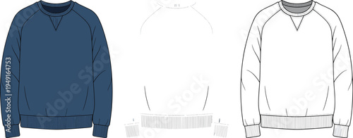 Flat of a navy blue crewneck sweatshirt with raglan sleeves and ribbed cuffs and hem, shown front and back with a detailed line version