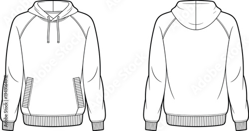 Front and back flat of a white hooded sweatshirt with raglan sleeves, drawstring hood, and front kangaroo pocket for apparel