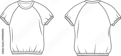 Front and back flat of a white crew neck t-shirt with short sleeves and elasticated hem and cuffs, fashion mockups