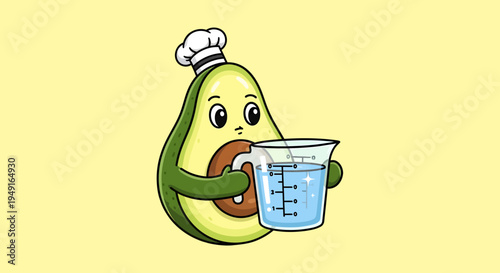 Cute cartoon avocado chef wearing a hat and holding a measuring cup, ready for cooking in a bright studio with a yellow background.
