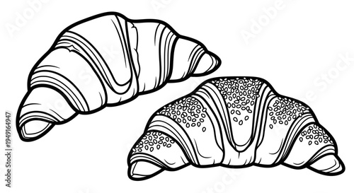 Two delicious croissants with sesame seeds, presented in black and white line art, isolated on a white background.