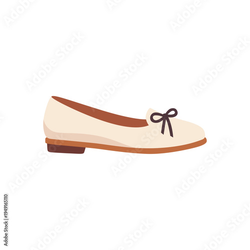 beige ballet flat, fashion footwear, bow detail, colorful vector flat style illustration
