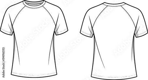 Front and back view of a plain white short-sleeved raglan t-shirt with a crew neck and ribbed cuffs and hem presented as a flat fashion
