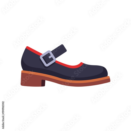 black red mary jane shoe, fashion footwear, buckle strap, colorful vector flat style illustration