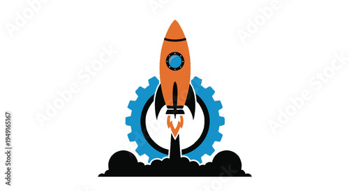 Stylized rocket ship launching with mechanical gear background
