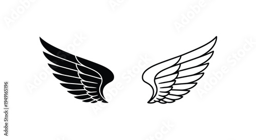 A pair of stylized wings one dark and one light facing opposite directions
