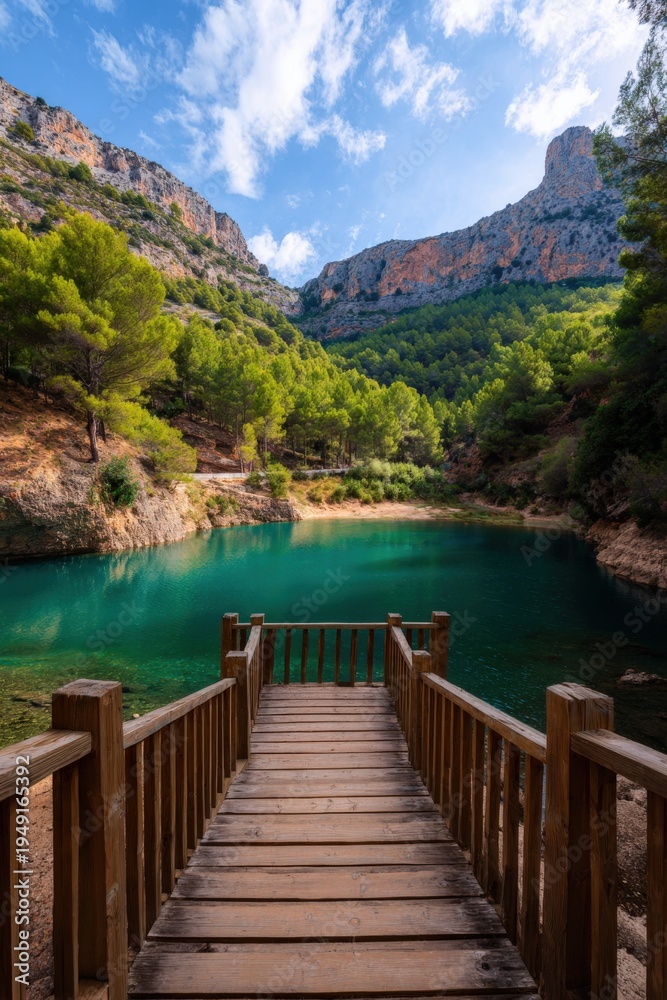 Fototapeta premium Wooden pier turquoise lake cliffs forest backdrop with dramatic sky and mountain slopes leading to a peaceful emerald inlet and secluded waterside viewpoint