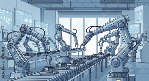 Automated Robotic Arms in a Modern Factory Production Line.