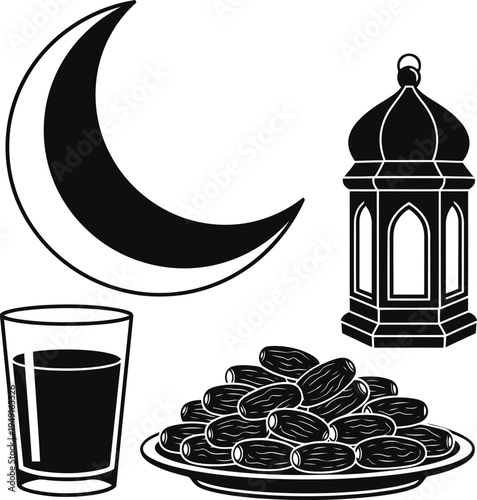 Ramadan kareem ifter plate illustration with crescent moon lantern dates and water