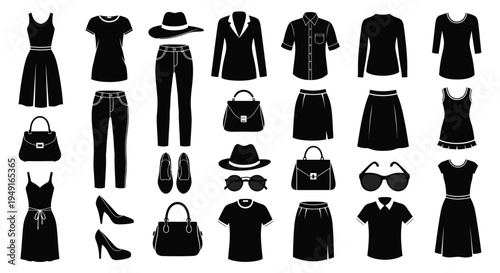 Black silhouette collection of various clothing items and fashion accessories