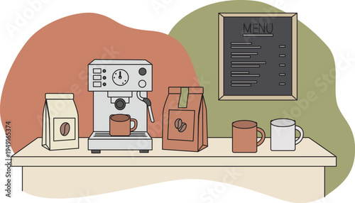 Vector illustration of a cozy cafe interior featuring a coffee maker paper bags with coffee beans mugs and a chalkboard menu on a minimalist background Hand drawn flat style for coffee house branding