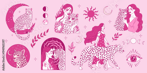 Magical woman with mystical celestial cheetah. Sacred feminine energy and animal totem vector illustration