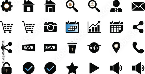 Black interface icons set including home search shopping camera calendar lock and media controls vector