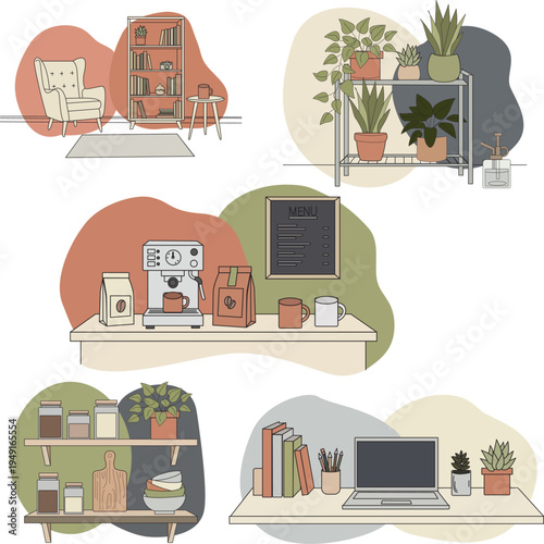 Big vector collection of cozy lifestyle interior scenes featuring a home office desk reading corner with armchair kitchen storage shelves and a coffee shop station Hand drawn flat style for interior d