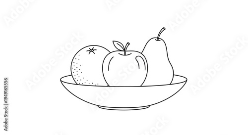 Fresh orange, apple, and pear in a bowl, isolated on a white background, black and white line art illustration.
