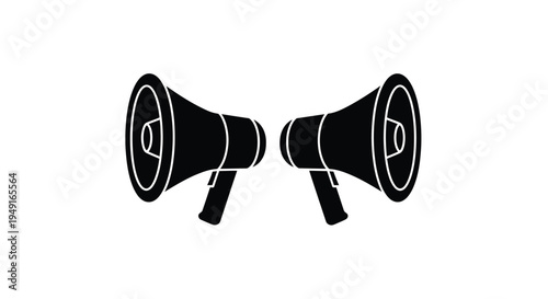 Two black megaphones facing each other isolated on a white background