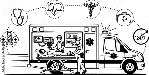 Emergency medical services: ambulance, patient care, monitoring, 24/7 support
