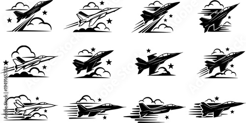 Black and white fighter jet icon set with clouds and stars
