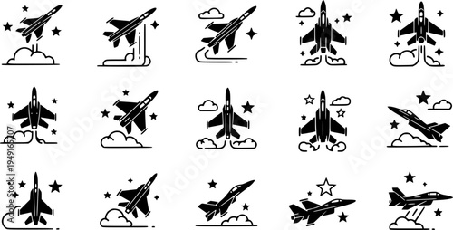 Black and white fighter jet icon set with clouds and stars
