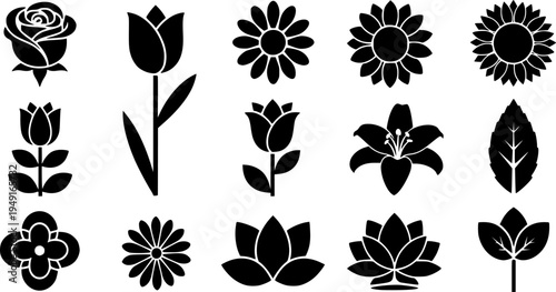 Flower icons set isolated on white background. Floral black pictogram in trendy flat style. Nature symbol for decoration design. Vector illustration.
