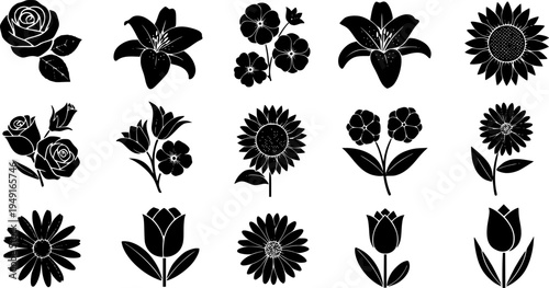 Flower icons set isolated on white background. Floral black pictogram in trendy flat style. Nature symbol for decoration design. Vector illustration.
