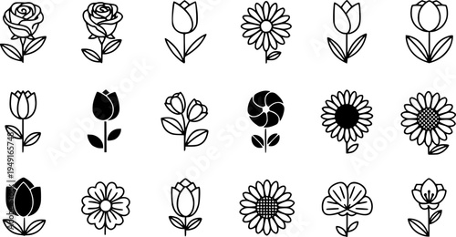 Flower icons set isolated on white background. Floral black pictogram in trendy flat style. Nature symbol for decoration design. Vector illustration.
