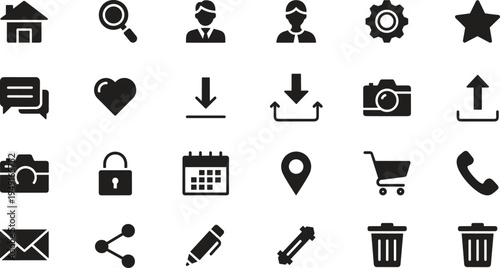 Black solid web interface icon set with home search user settings camera calendar shopping mail and communication symbols
