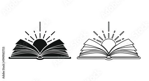 An open book with radiating light depicted in two monochrome styles