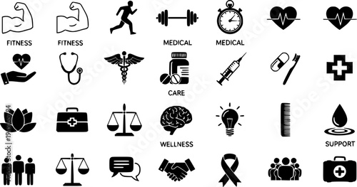 Men's health and wellness icons: fitness, medical, care, wellness, support symbols
