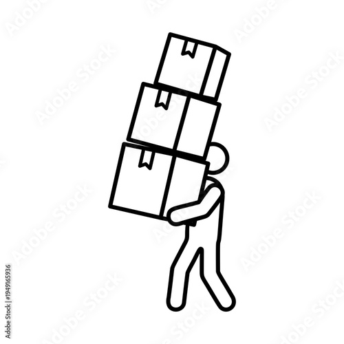 ダンボールを運ぶ人物のラインアイコン（黒）