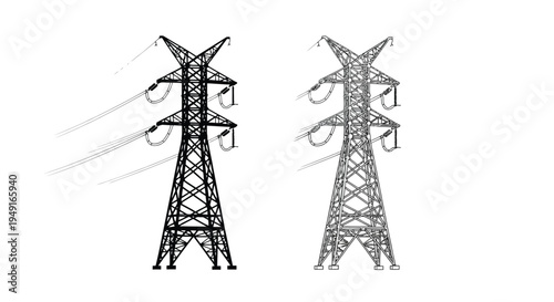 Two depictions of high voltage transmission towers against a white background
