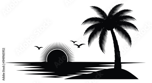 A silhouetted palm tree and sun over calm ocean waters