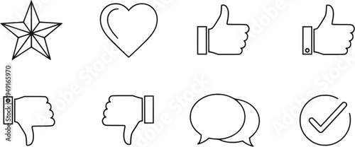 Set of minimalist line icons: star, heart, thumbs up, thumbs down, speech bubble, checkmark
