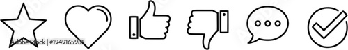 Set of minimalist line icons: star, heart, thumbs up, thumbs down, speech bubble, checkmark

