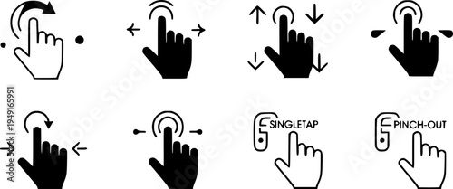 Hand gesture icons: swipes, taps, and pinches for touchscreen interaction
