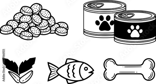 Pet food icons: kibble, cans, fish, and bone illustrations in black and white
