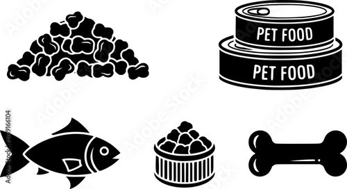 Pet food icons: kibble, cans, fish, and bone illustrations in black and white
