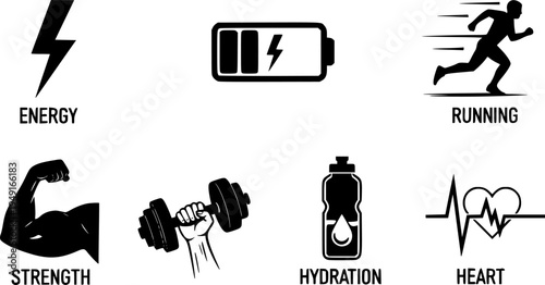Fitness icons set featuring energy, battery, running, strength, hydration, and heartbeat
