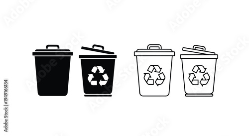Black and white illustration of four trash and recycling bins