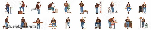 Set of illustrations of a young man in a brown bomber jacket reading books in various poses and urban settings.